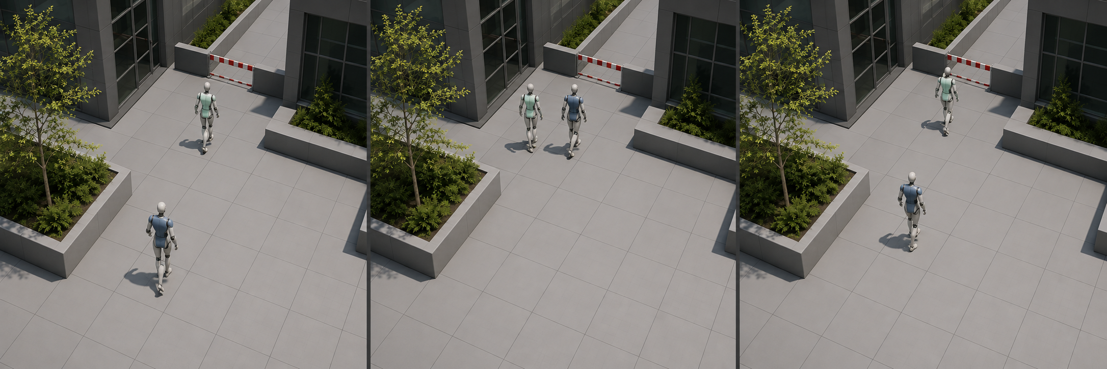 Overhead simulation concept with mint- and blue-accented faceless mannequin agents at different positions along a gray courtyard path.