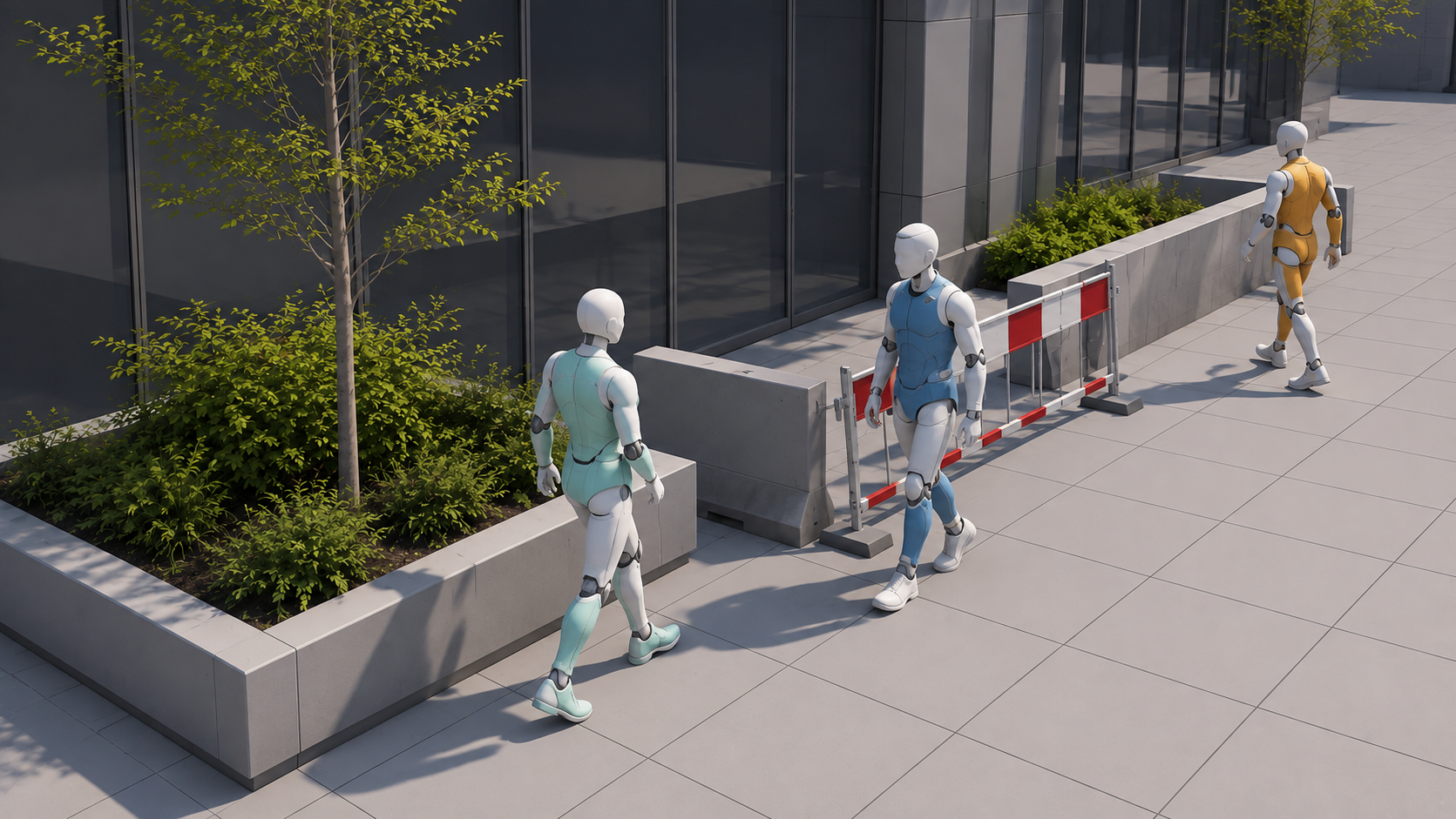 Color-coded mannequin agents meeting along a courtyard path.