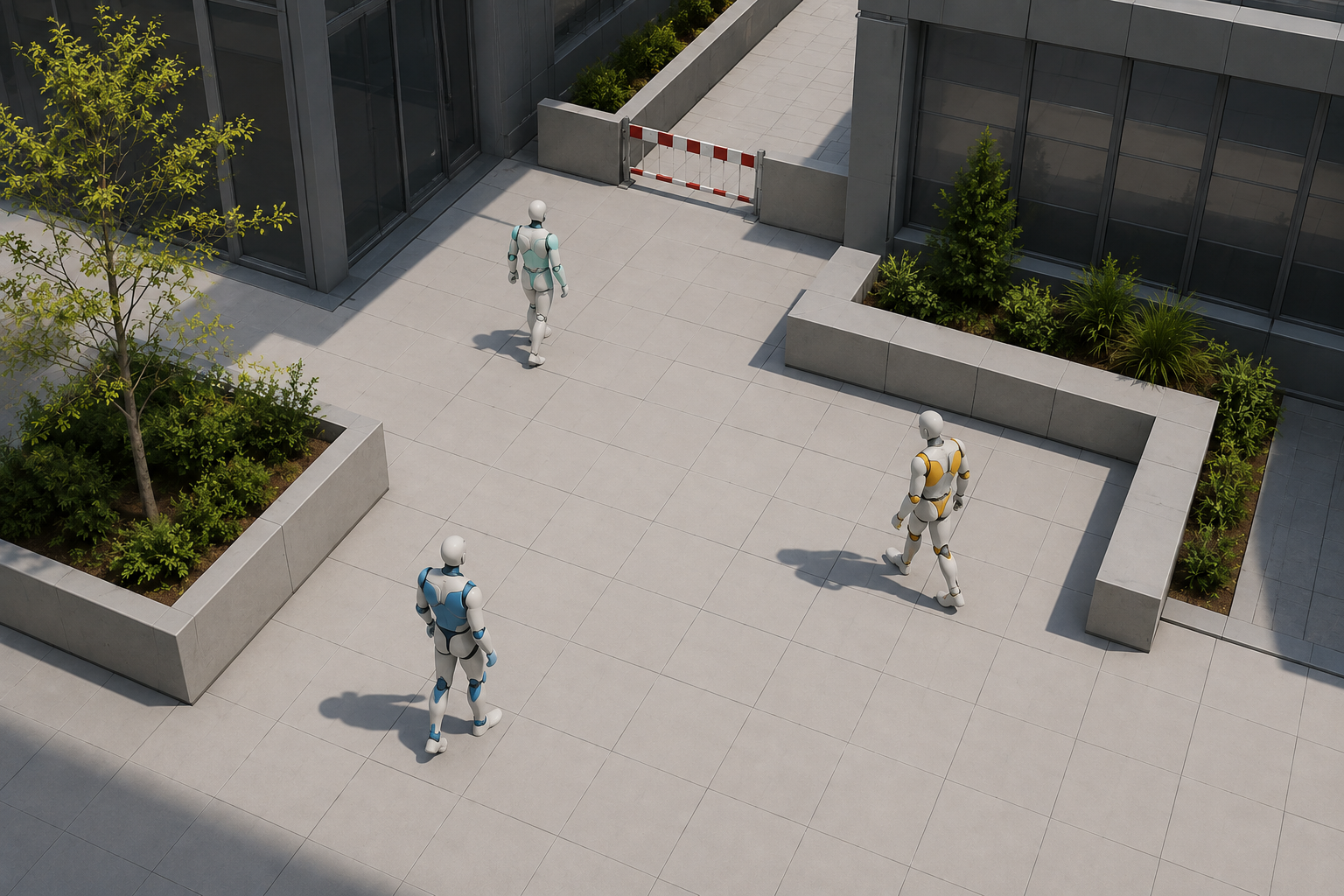 Three mannequin agents in a modular Unreal-style courtyard.