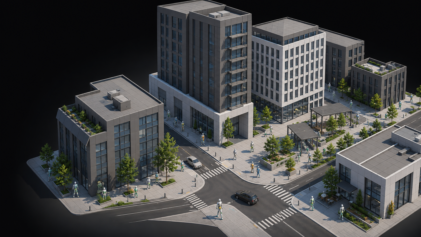 A modular simulated city with mannequin agents.